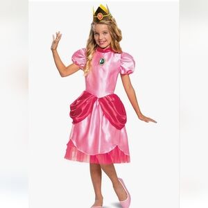 Super Mario Peach Princess Girls' Costume Dress with Crown Size Large 10-12 New